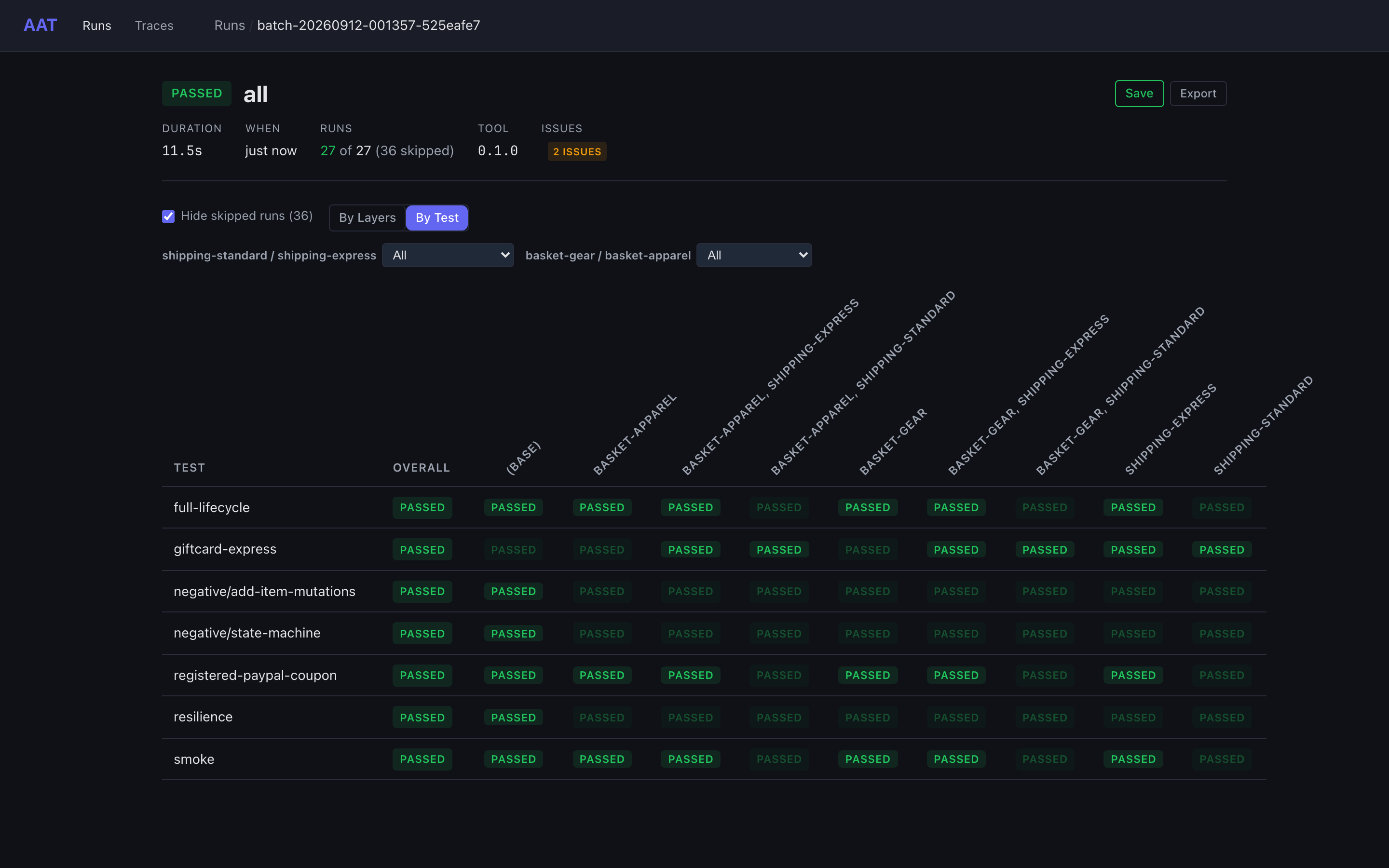 The shop batch in the web UI's By Test view: one row per plan, one column per layer permutation, an Overall column, and a drop-down filter for each layer group