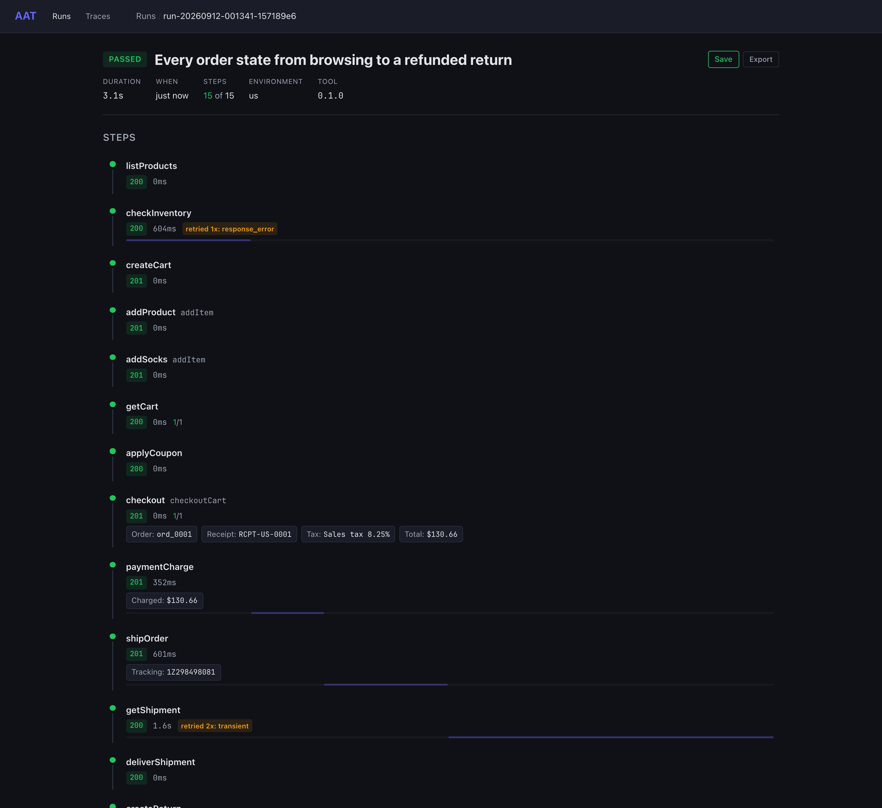 The shop's full-lifecycle run in the web UI: the header with outcome, duration, and environment, then the step timeline with status codes, retry badges, display outputs, and duration bars for the payment, shipment, and retried steps