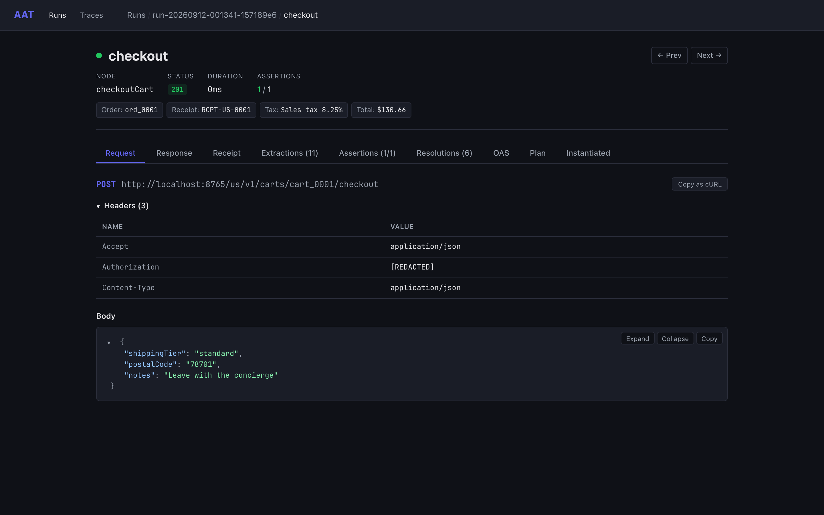 The shop's checkout step in the web UI: node, status, and display outputs, the Request tab with the method and URL, the Copy as cURL button, the headers with Authorization redacted, and the JSON body